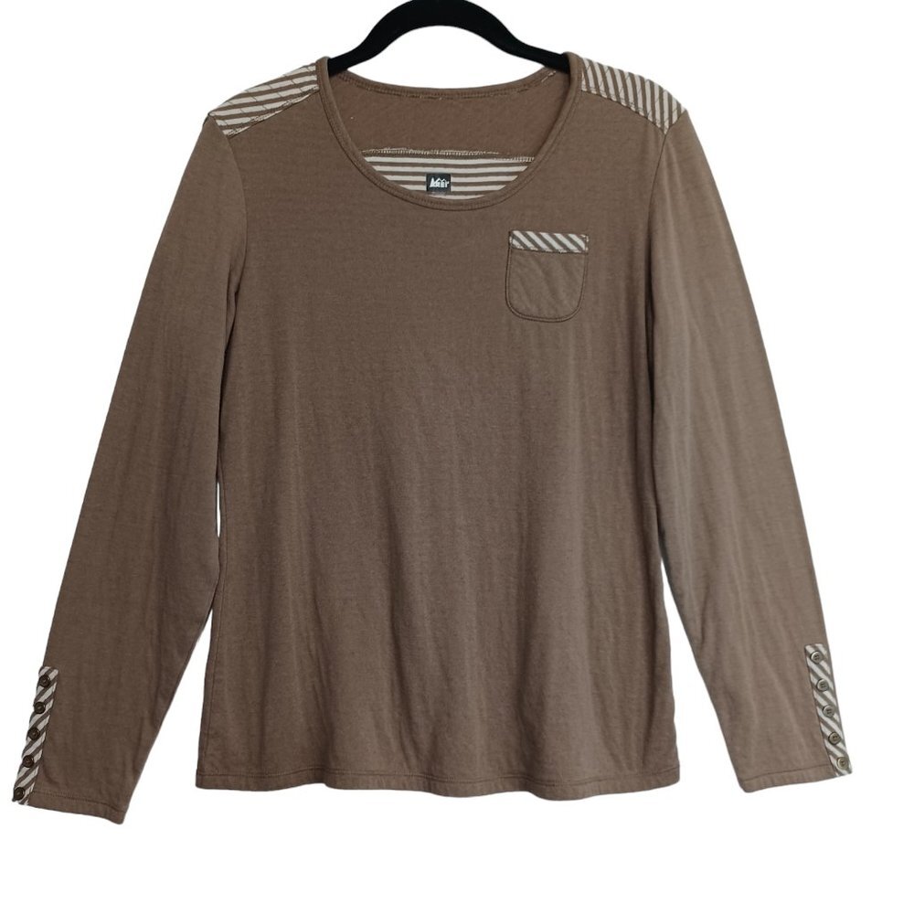 REI Womens Brown Long Sleeve T-Shirt Striped Trim Button Cuff Pocket Top Size M